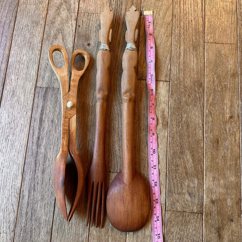 Handmade Tribal Wooden Salad Bowl Utensils Hand Carved African Figures Vintage